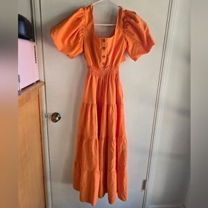 Reyon Tie Back Orange Puff Sleeve Maxi Dress NWOT